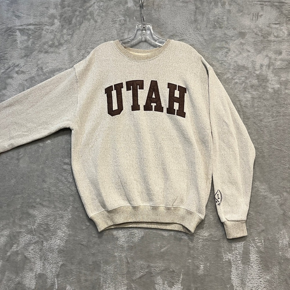 New York Popular Sweatshirt Men XL Oatmeal Utah Felt Applique Crewneck Pullover